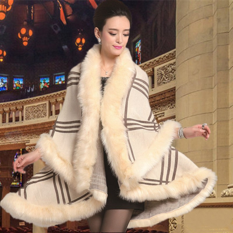 Women's Winter Casual O-Neck Poncho With Faux Rabbit Fur
