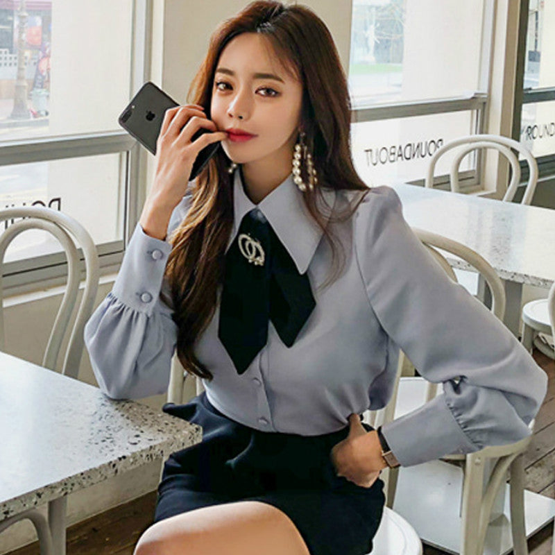 Women's Spring Casual Polyester Puff-Sleeved Shirt