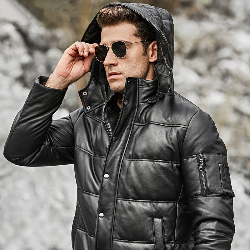 Men's Winter Genuine Leather Warm Coat With Removable Hood