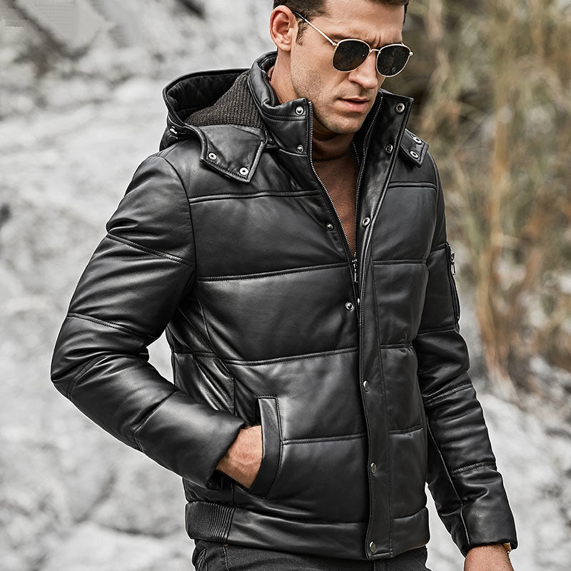 Men's Winter Genuine Leather Warm Coat With Removable Hood