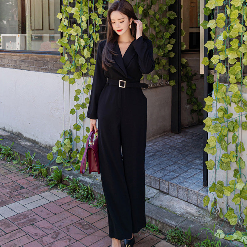 Women's Spring/Autumn Casual Loose Belted Long-Sleeved Jumpsuit