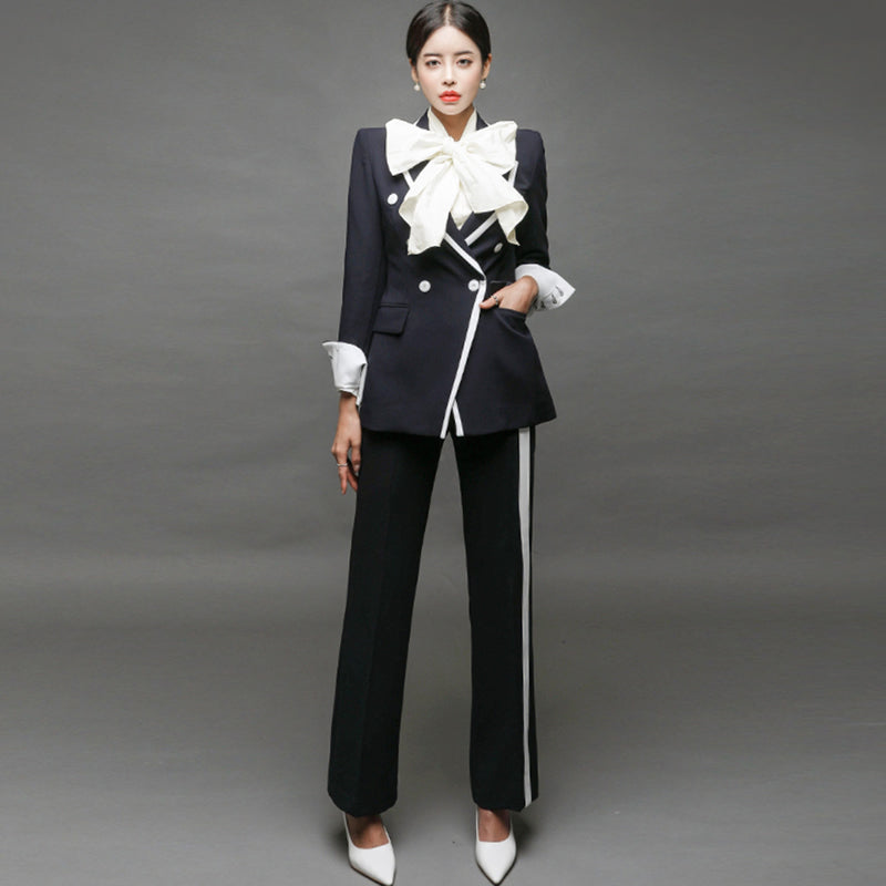 Women's Spring/Autumn Slim V-Neck Long-Sleeved Two-Piece Suit