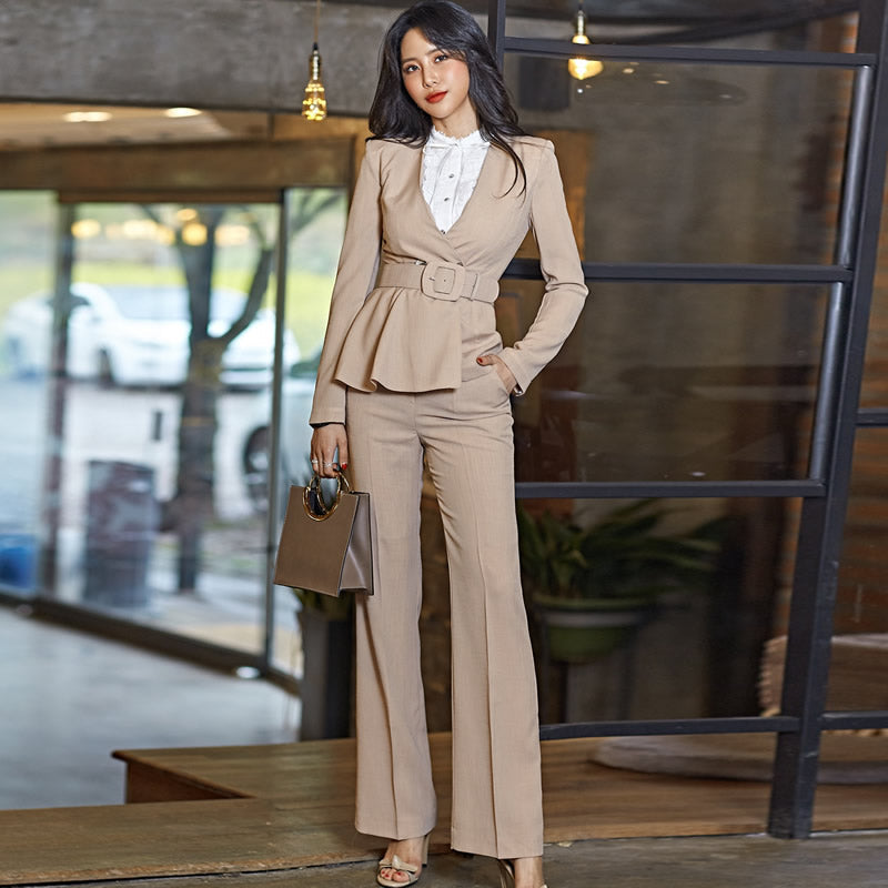Women's Spring/Autumn V-Neck Belted Slim Two-Piece Suit