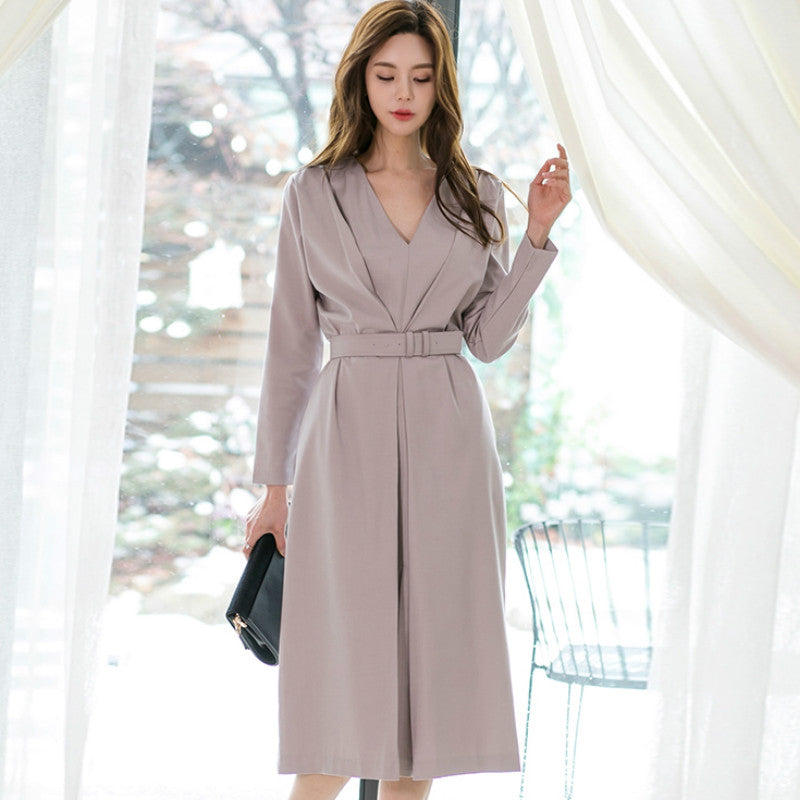 Women's Spring/Autumn Casual Polyester V-Neck Long-Sleeved Dress
