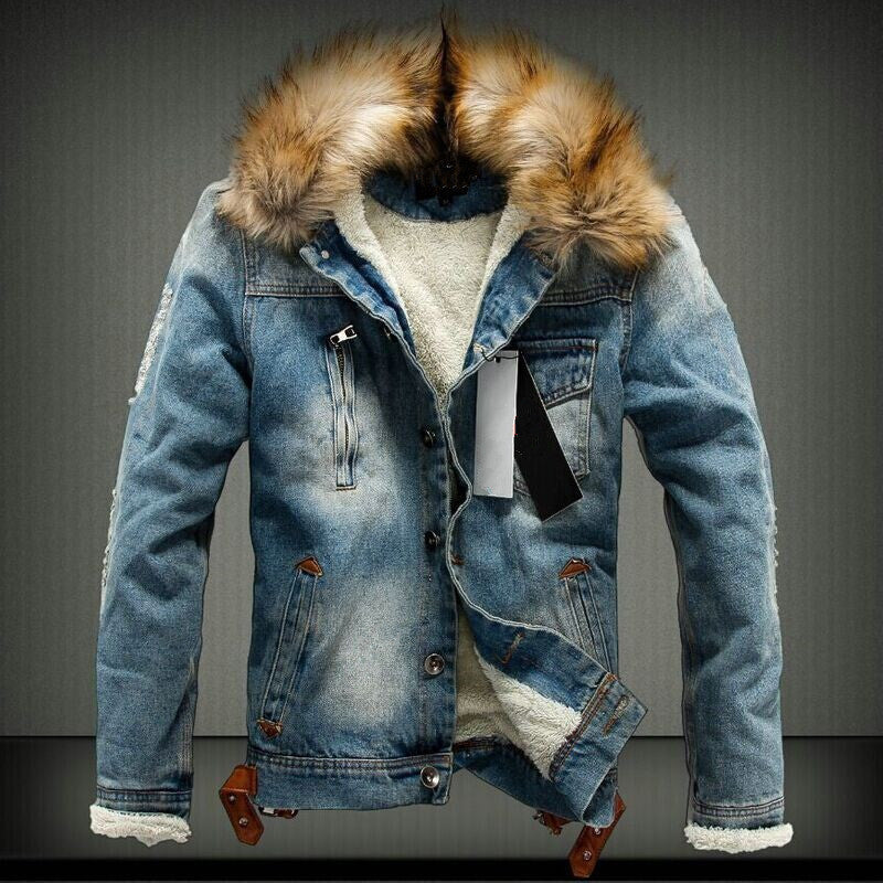 Men's Winter Casual Regular Denim Coat With Raccoon Fur