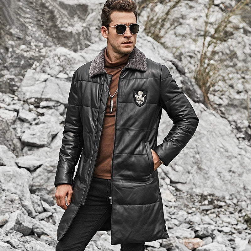 Men's Winter Genuine Leather Coat With Removable Fur Collar