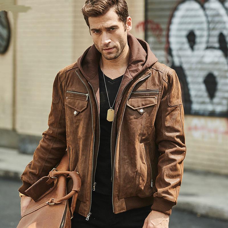 Men's Genuine Leather Jacket With Removable Hood