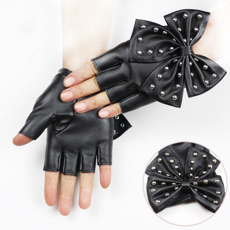 Women's Leather Fingerless Gloves With Bow