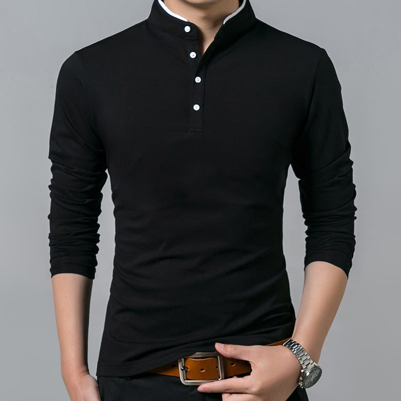 Men's Cotton Long Sleeved T-Shirt With Mandarin Collar