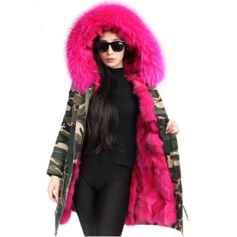 Women's Winter Casual Long Polyester Thick Parka With Raccoon Fur