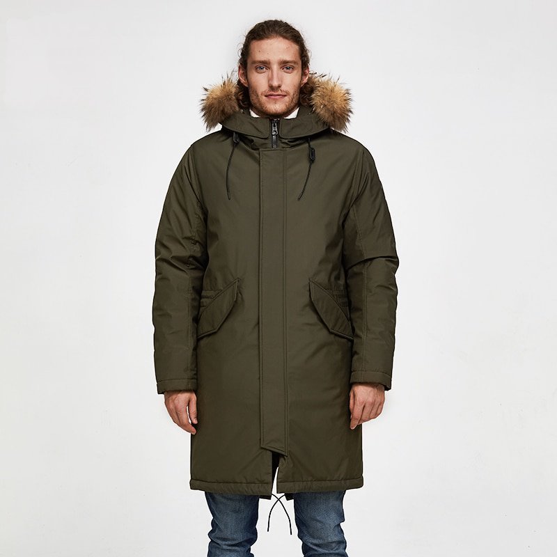 Men's Winter Casual Hooded Polyester Parka With Raccoon Fur
