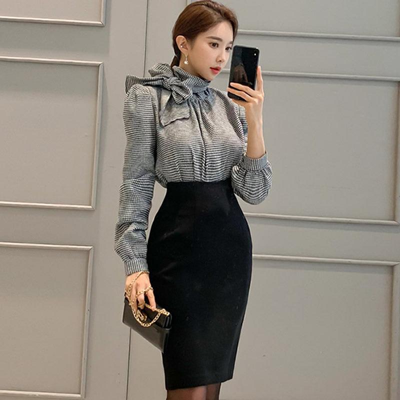 Women's Spring Polyester Puff-Sleeved Two-Piece Dress