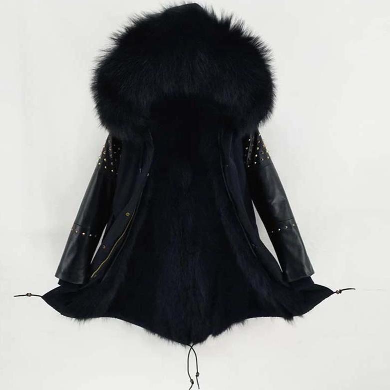 Women's Winter Long Leather Hooded Thick Parka With Fox Fur