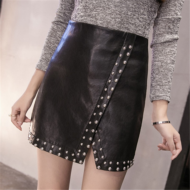 Women's Spring PU Leather High-Waist Skirt With Rivets