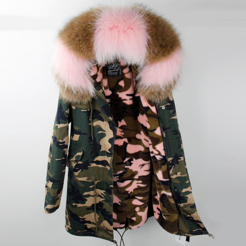 Women's Winter Casual Hooded Polyester Parka With Raccoon Fur