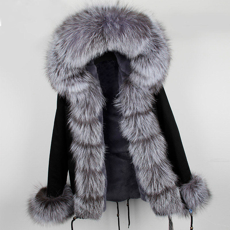 Women's Winter Casual Short Polyester Hooded Parka With Fox Fur