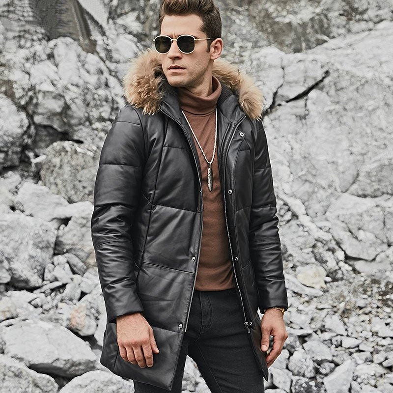 Men's Winter Genuine Leather Jacket With Fur Hood