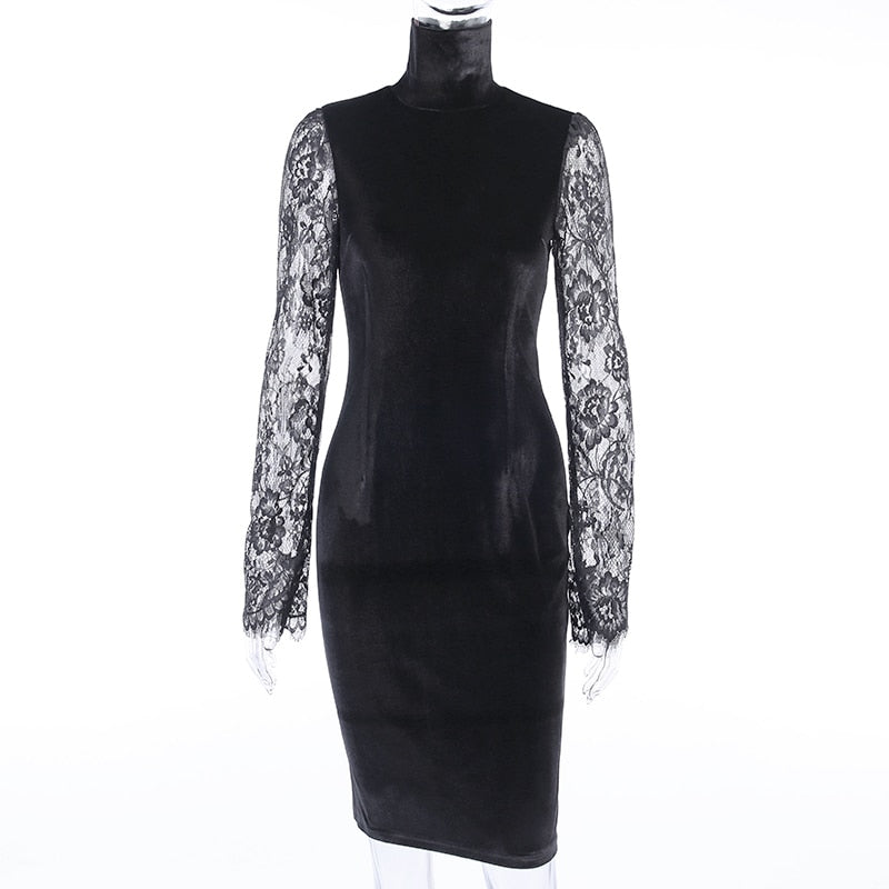 Women's Autumn Lace Sleeve Bodycon Elastic Dress With High Neck