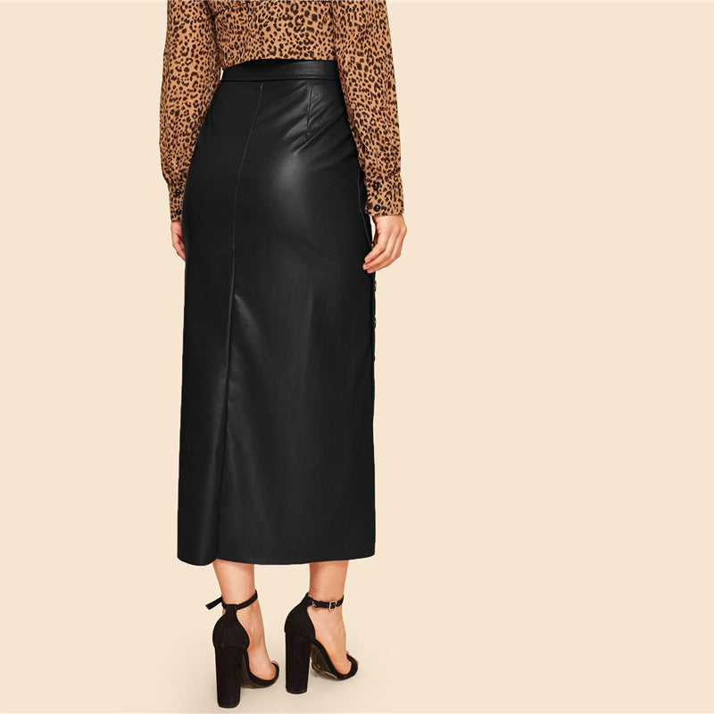 Women's Belted PU Leather Asymmetrical Long Skirt