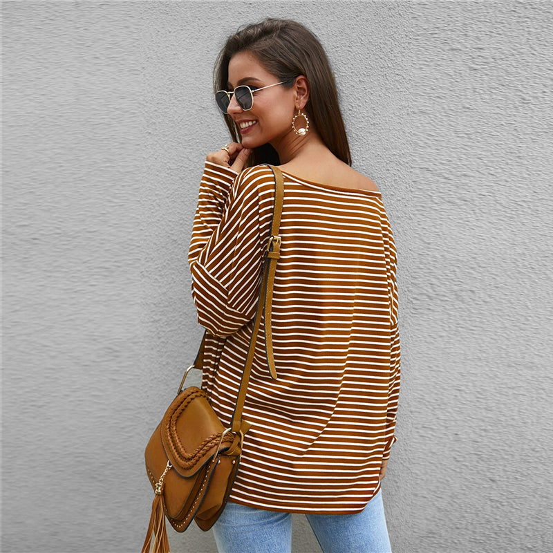 Women's Spring Casual Striped Loose T-Shirt With Asymmetrical Neck