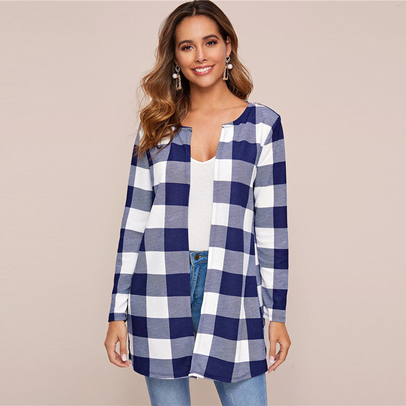 Women's Spring Casual Polyester O-Neck Cardigan With Plaid Print