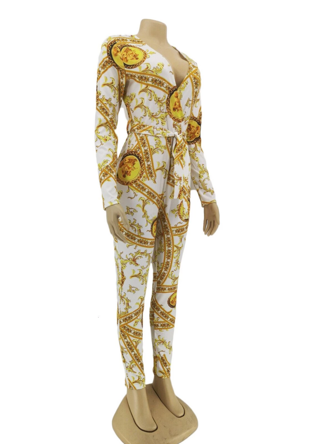 Women's Autumn Polyester V-Neck High-Waist Jumpsuit With Print
