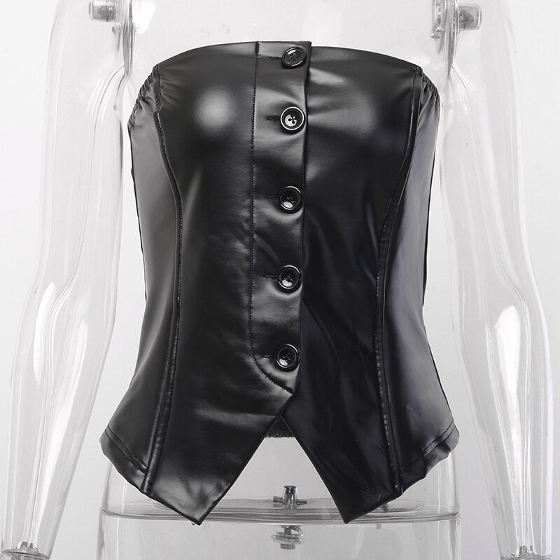 Women's Faux Leather Strapless Buttoned Tube Top