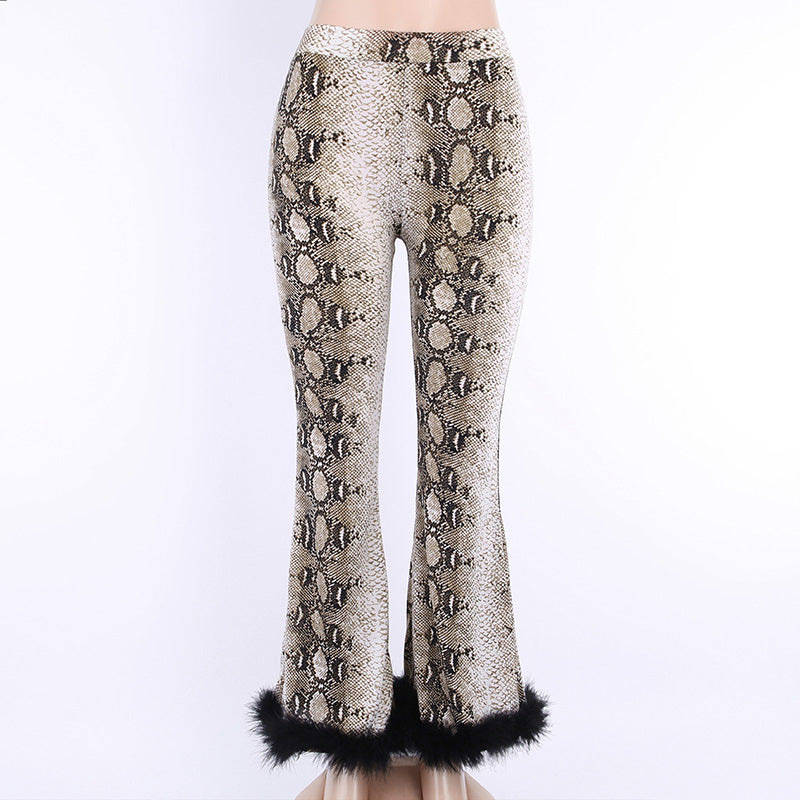 Women's Autumn High Waist Flare Pants With Snakeskin Print