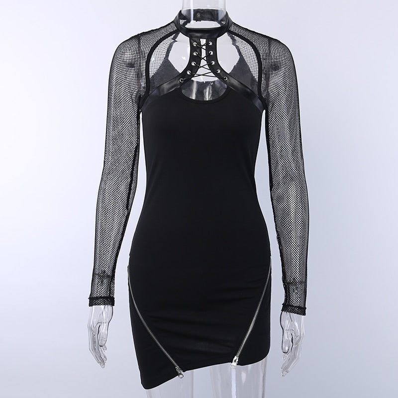 Women's Mesh Sleeve Zipper Mini Dress
