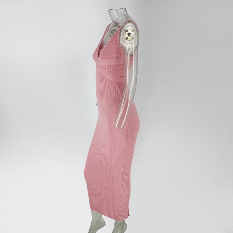 Women's Summer Casual Polyester Sheath Long V-Neck Dress