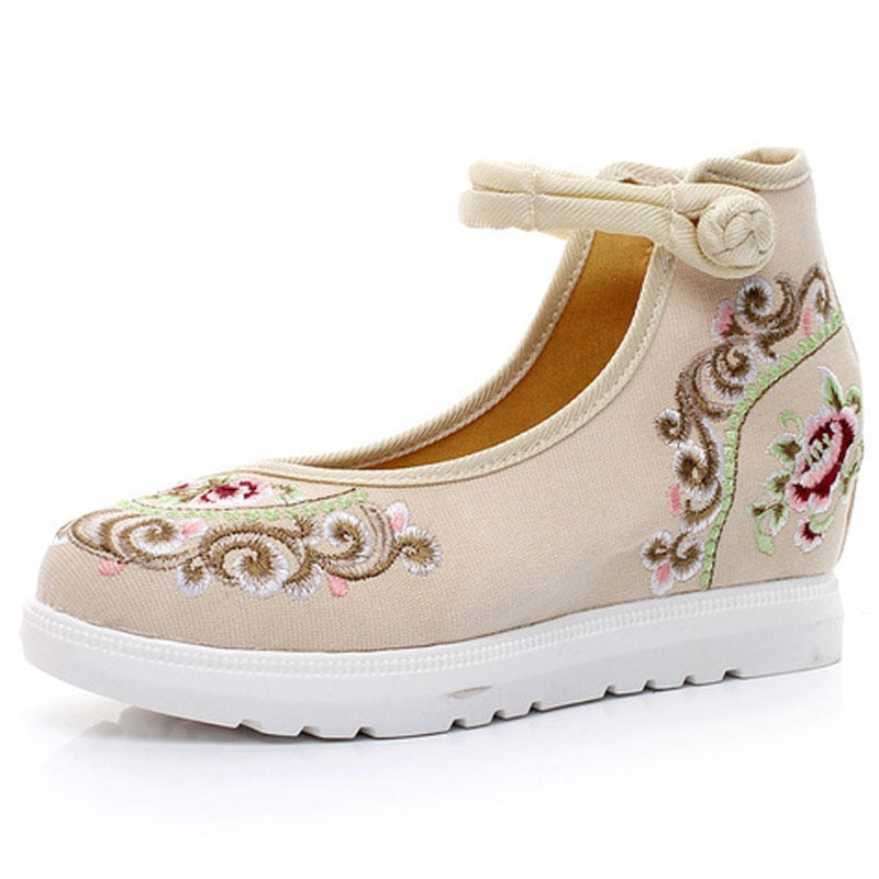 Women's Spring/Autumn Ankle Strap Denim Embroidered Flats