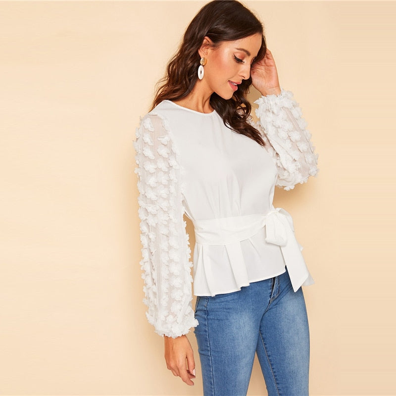 Women's Summer Long Sleeve Blouse With Flower Applique