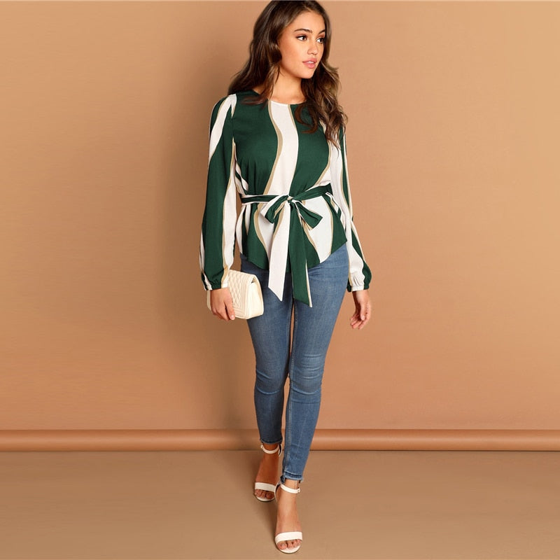 Women's Spring Long Sleeved Blouse With Stripe Print