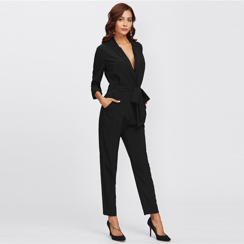 Women's Long Sleeved Belted Jumpsuit With Pockets