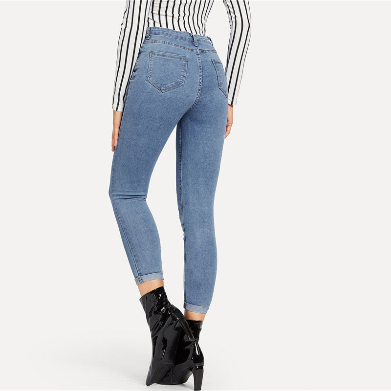 Women's Casual Skinny Mid-Waist Jeans With Buttons