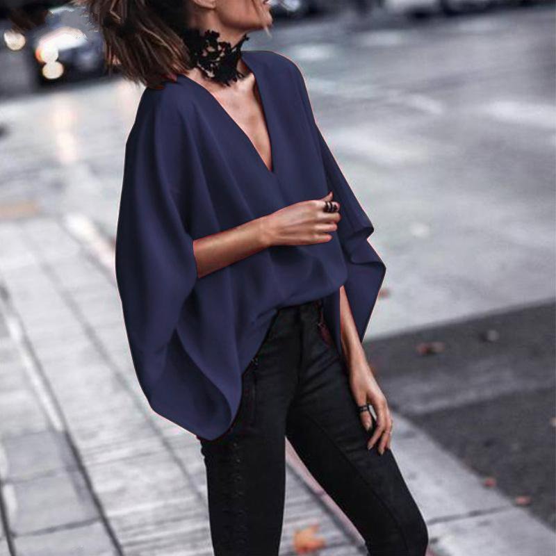 Women's Spring Casual Polyester Loose V-Neck Blouse