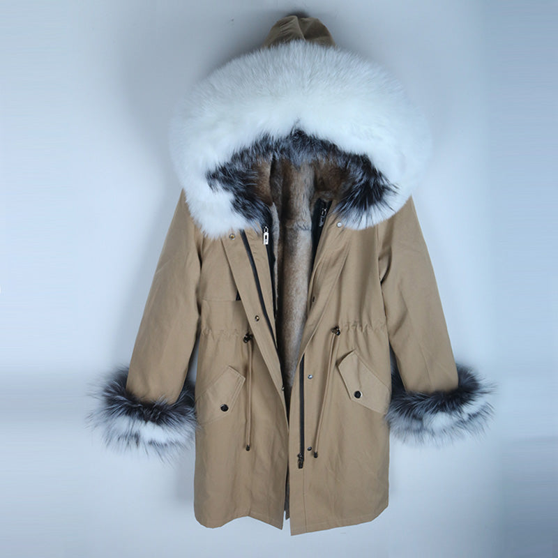 Women's Winter Casual Warm Long Parka With Detachable Rabbit Fur