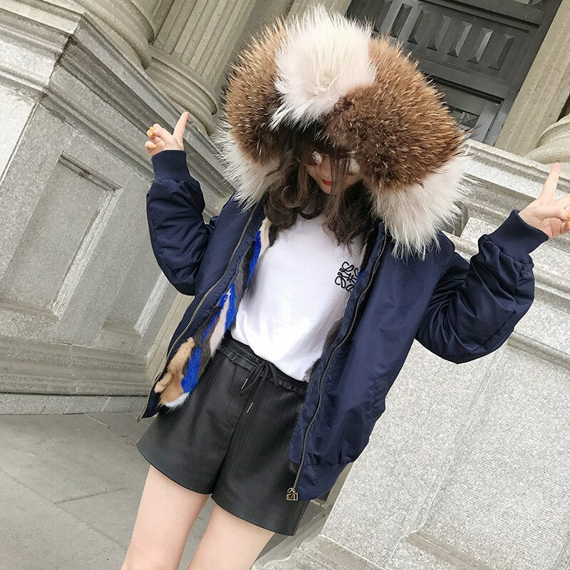 Women's Winter Casual Hooded Polyester Parka With Mink Fur
