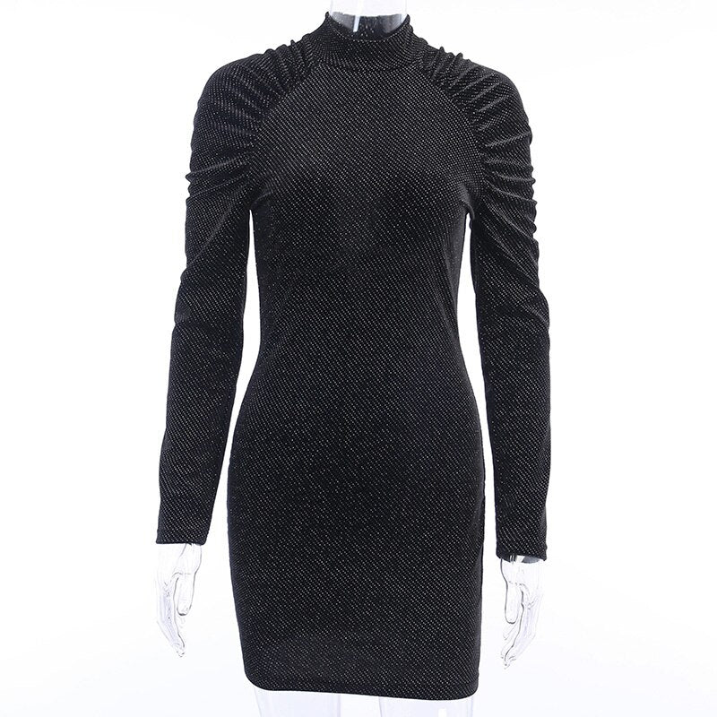 Women's High Neck Shining Slim Dress With Dot Print