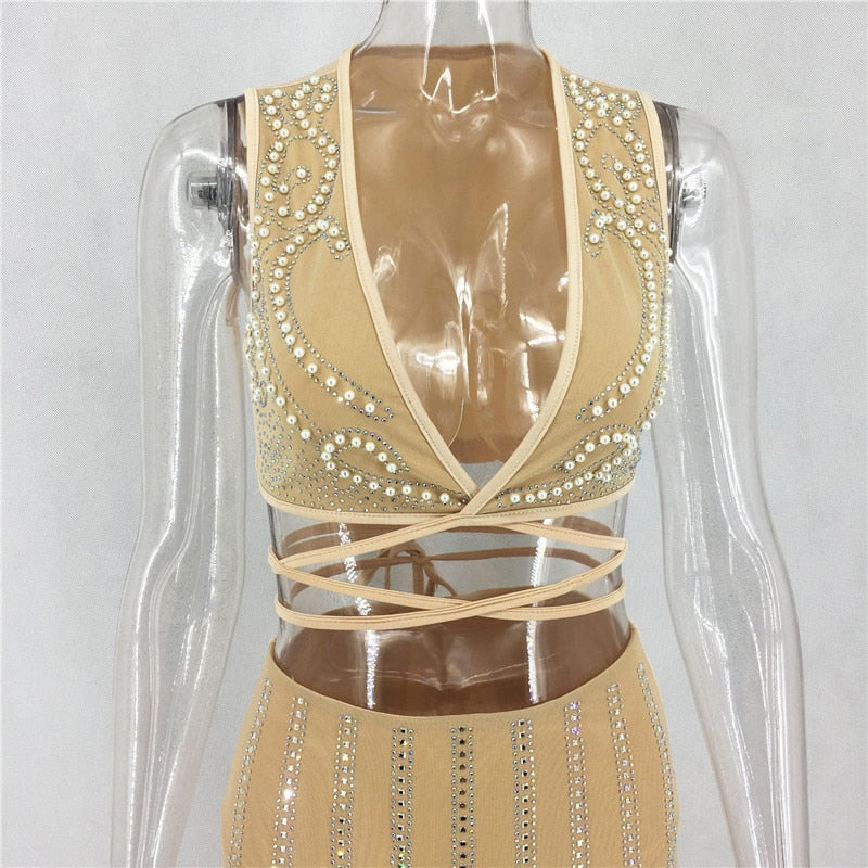Women's Summer Sequin V-Neck Two-Piece Midi Dress