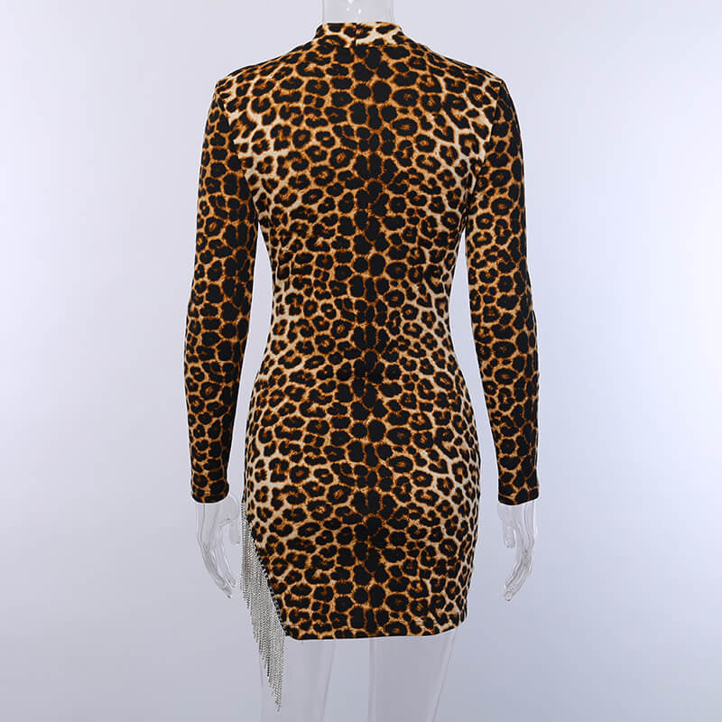 Women's Autumn High Neck Mini Dress With Leopard Print