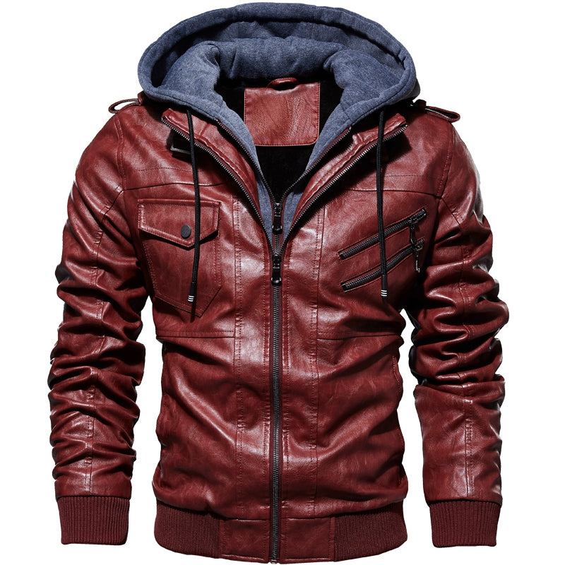 Men's Casual Leather Hooded Jacket