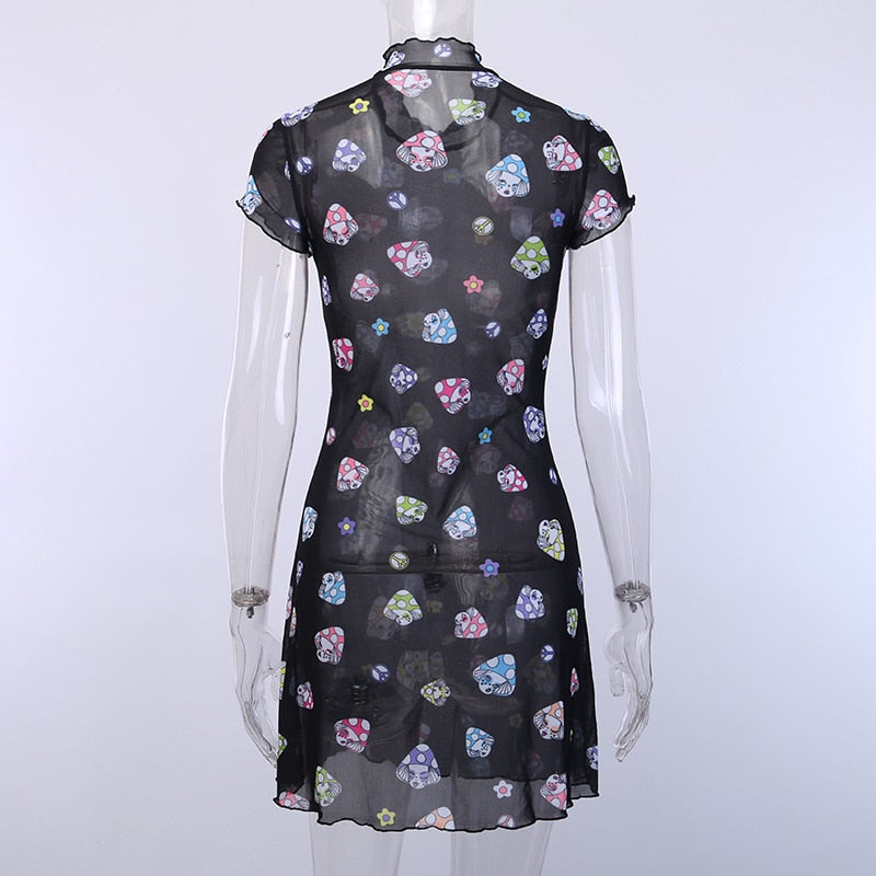 Women's Summer Mesh Printed Short Sleeve Mini Dress
