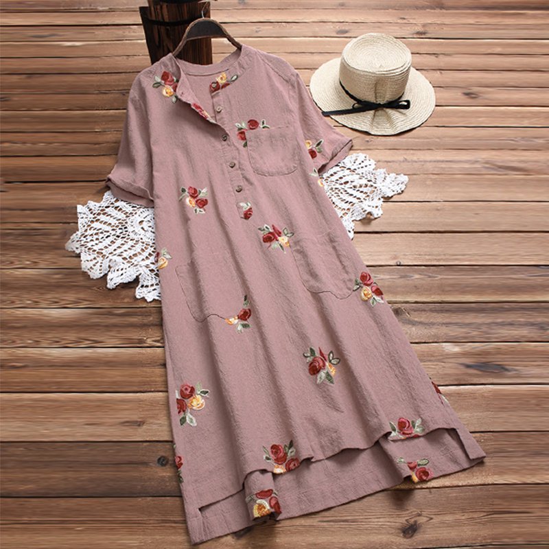 Women's Summer Linen O-Neck Loose Dress With Print