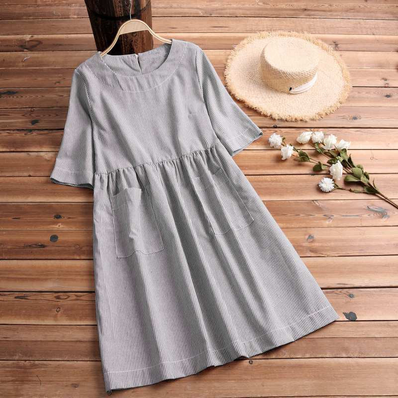 Women's Summer Casual Striped O-Neck Loose Dress With Pockets