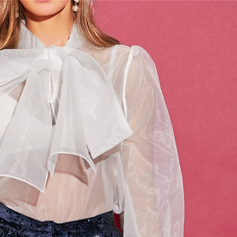 Women's Summer Polyester Mesh Puff-Sleeved Blouse