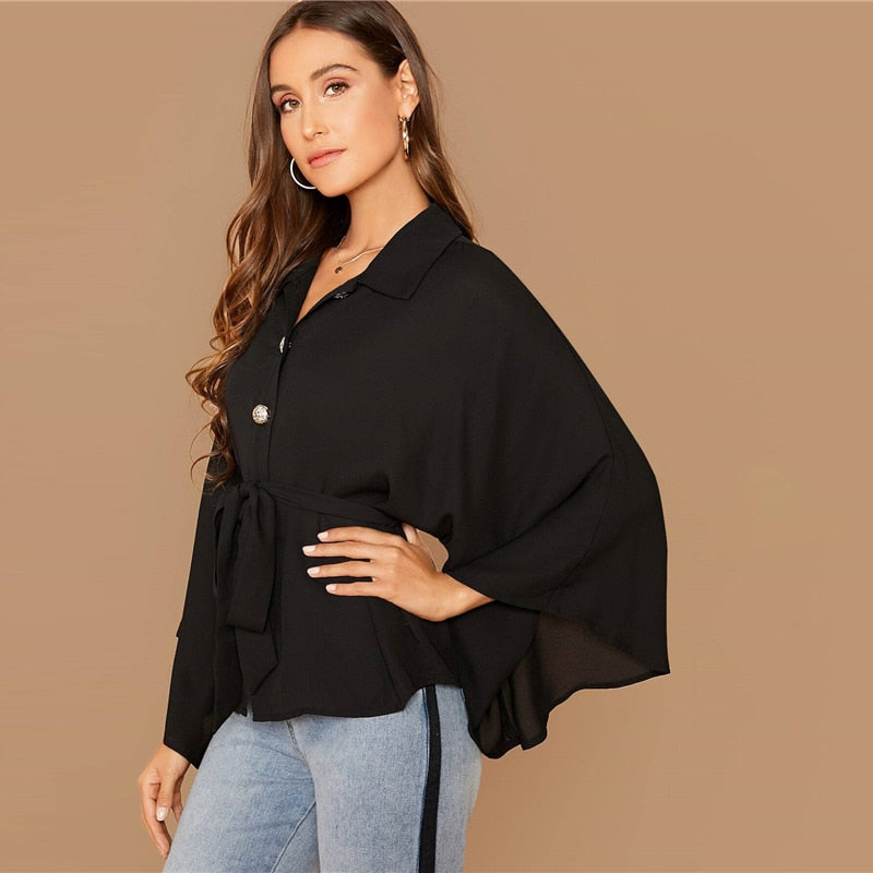 Women's Casual Polyester Long-Sleeved Belted Shirt