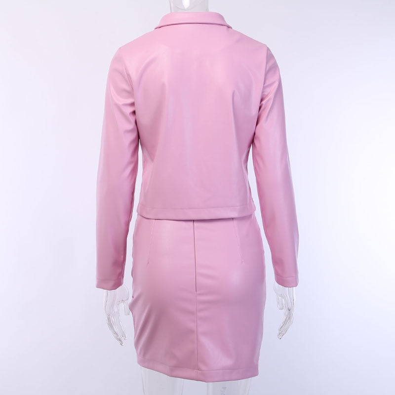Women's Autumn PU Leather Solid Suit With Turn-Down Collar