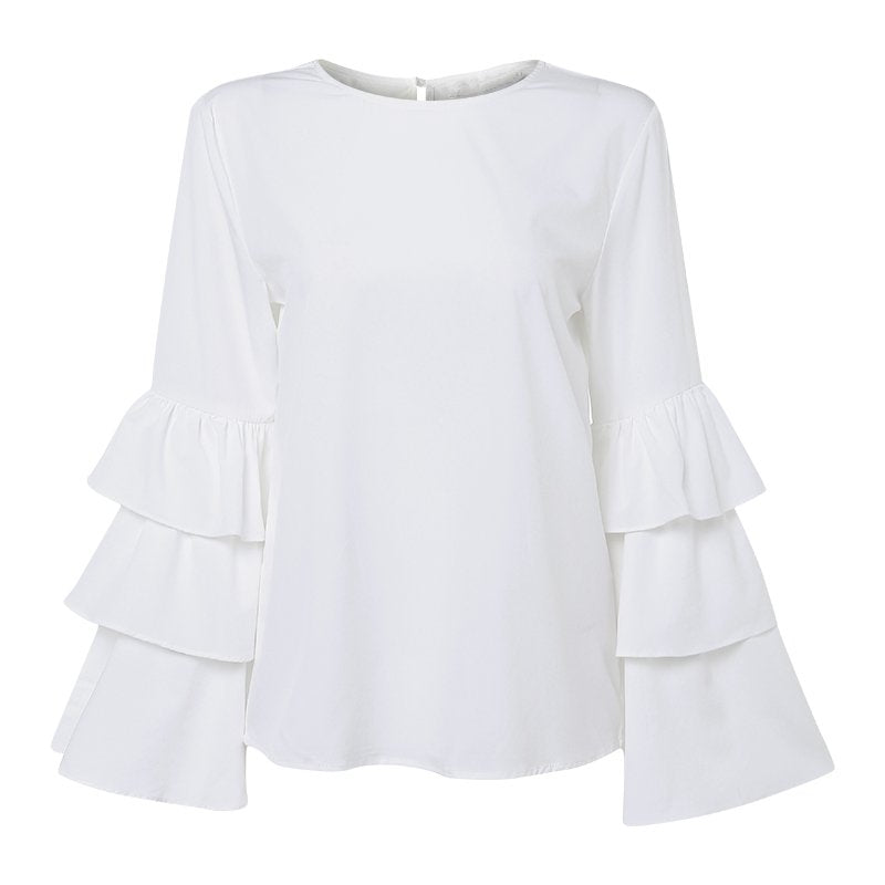 Women's Spring Casual Spandex O-Neck Blouse With Ruffles