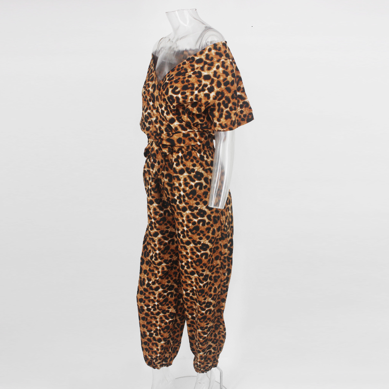 Women's Summer Casual Polyester Leopard Deep V-Neck Jumpsuit